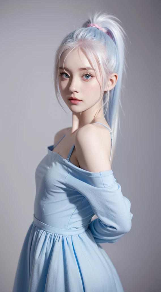 A beautiful girl standing, wearing blue dress, pale skin, smooth pale skin, skin tune pink, cute face, white hair, ponytail hair, super detailed, 8k