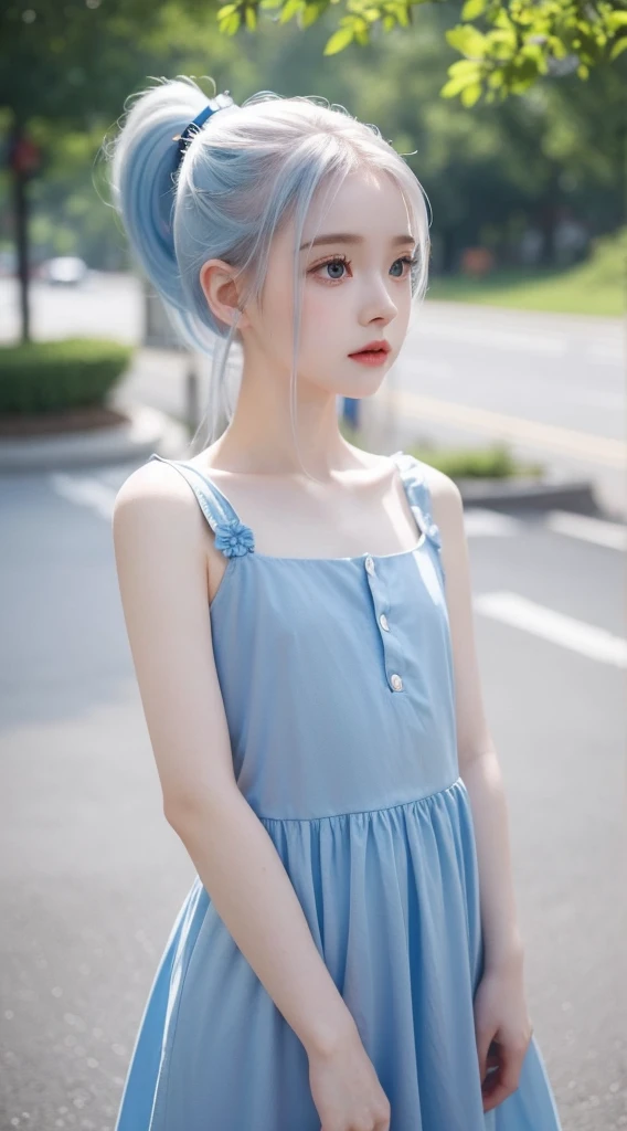 A beautiful girl standing, wearing blue dress, pale skin, smooth pale skin, skin tune pink, cute face, white hair, ponytail hair, super detailed, 8k