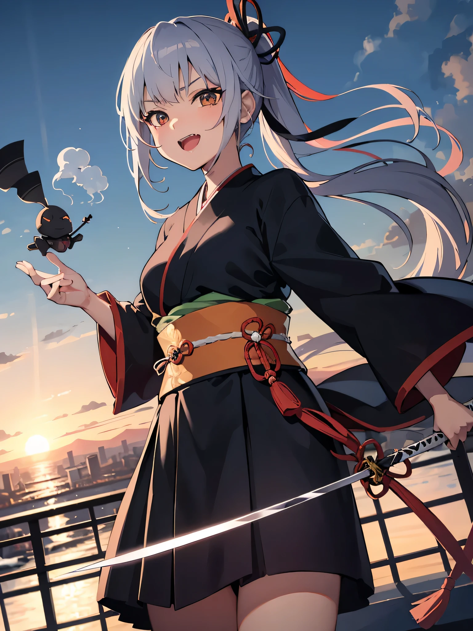 Curvaceous but slender、(top-quality、hight resolution、8K、masterpiece:1.2)。(1 Kunoichi:i'I'm ready to take my little sword and join the fight.。She wears a flashy and colorful kimono.、The breeze is blowing。 With smiling eyes、moment of extractionを静かに待っています。Wacky costumes、shoot a slash、Depiction in motion、extraordinary aura、poneyTail、well-muscled、double tooth、Original Character、)。A townscape from the end of the Edo period with Ehime Castle visible in the distance。Use this prompt to、do the following、follow these steps、moment of extraction、Edo、Cool stance before unsheathing、Please draw a detailed cityscape。shuriken、kunai、smokescreen、Makibishi、Wacky hair、disheveled hair、Ponite、