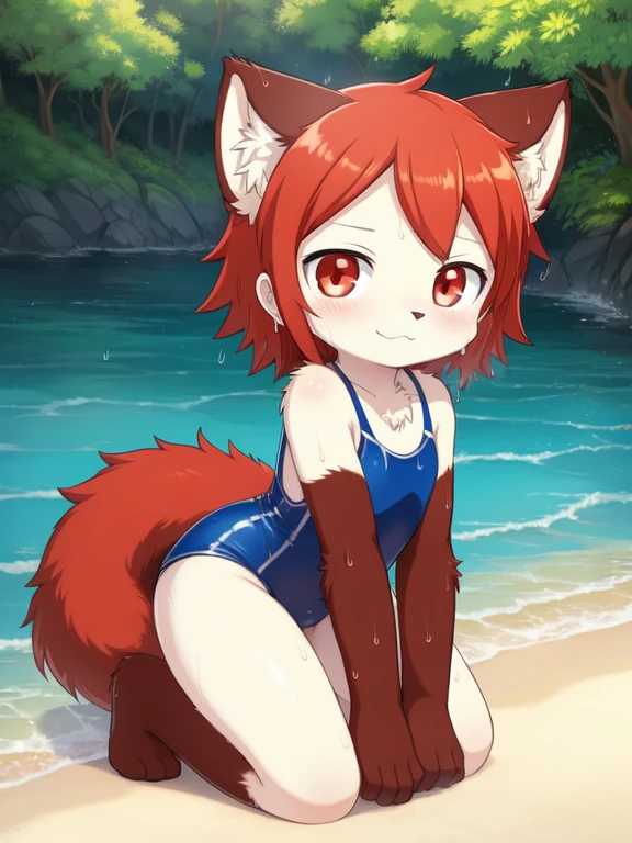 catss, Alone, External, Red pupils,, (wet fur:1.4), detailed hair, young white catss，one piece swimsuit,Firmware version, furry anime, Realistic anime catss, Bragon, very cute face, face flushed, Playful, young, detailedbackground, Detailed fanart, pixiv, digitial painting, tmasterpiece, high high quality, A high resolution，knelt on the beach