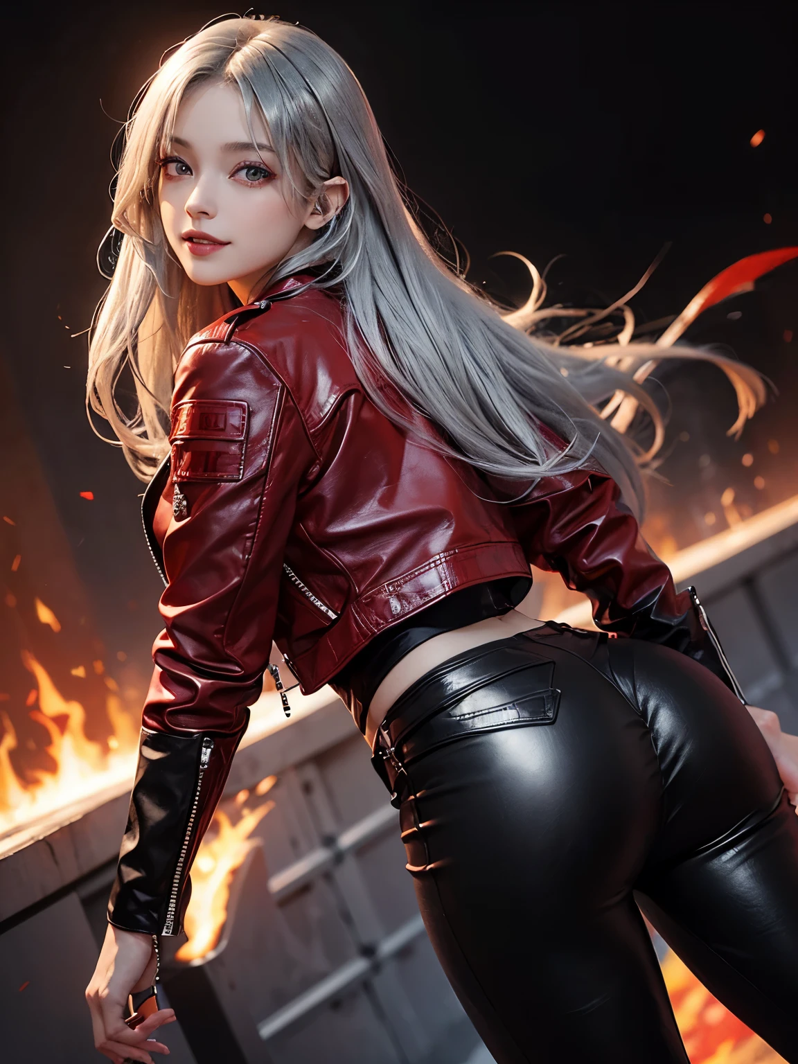 1 woman,masutepiece,Best Quality,High contrast,Perfect eyes(Shining silver eyes),((smirking at viewer)),parted_Lips,dancing red color flame background,(black leather jacket),(black leather pants),
