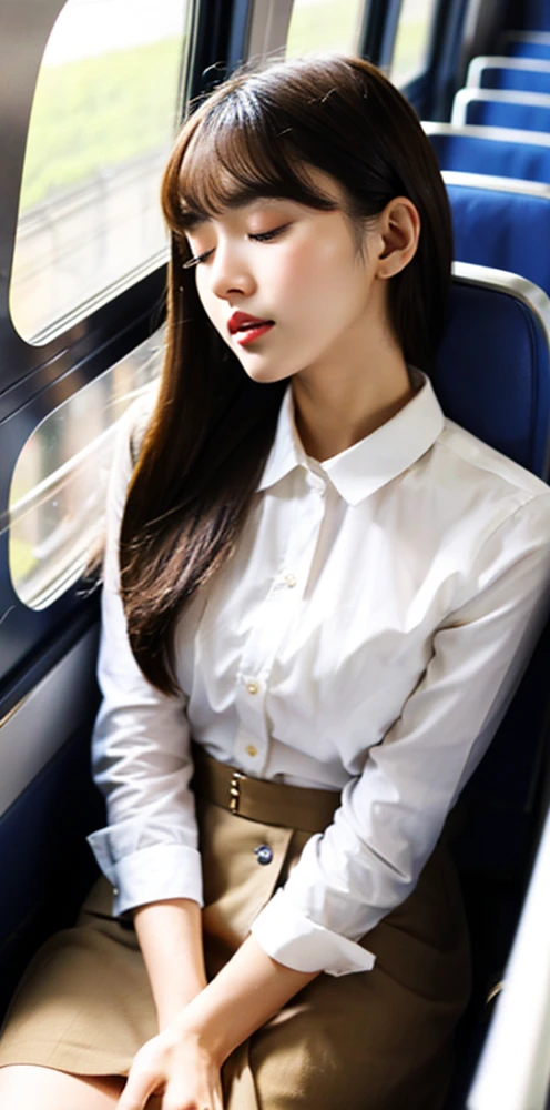 “(tmasterpiece,k hd,hyper HD,4K)brunette color hair, Japanese girl,Uniform skirts,emphasizing thighs,White and tender thighs,soft thighs,Glossy thighs,underdressing,Sitting on the train,Face-to-face perspective,(From the angle below),sitting in the train seat,sitting in front,Crotch zoom camera,Feet on the train floor,full bodyesbian,Head down and sleepy-eyed,Just look at the audience", best qualtiy, hyper HD, (realisticlying:1.4),, A high resolution, the detail, RAW photogr, Sharp re, Nikon D850 Film Stock Photo by Jefferies Lee 4 Kodak Portra 400 Camera F1.6 shots, rich colors, ultra-realistic vivid textures, dramatic lighting, Unreal Engine Art Station Trend, Cinestir 800,
