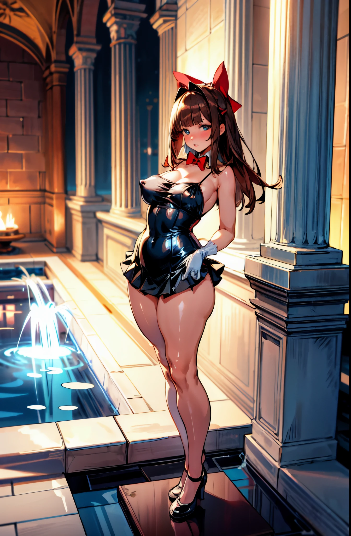 Loli, straight hair, (blunt bangs:1), roman garden, artificial fountain, full body, erect nipple, red bow tie, (curvy hips:1.2), camisole, blue eyeair skin:1), shiny skin, bare hips, standing, white gloves, skirt, brown hair