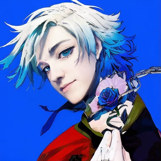 anime boy with blue hair and a red cape holding a rose, nagito komaeda, 2 d anime style, handsome guy in demon slayer art, trigger anime artstyle, 2 d anime, best anime 4k konachan wallpaper, key anime art, demon slayer rui fanart, nagito komaeda from danganronpa, demon slayer artstyle