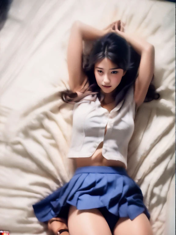 Beautiful 13 years old asian girl with long hair short skirt and wearing elementary school uniform. The girl is laying on the bed with lift the skirt and show the panties