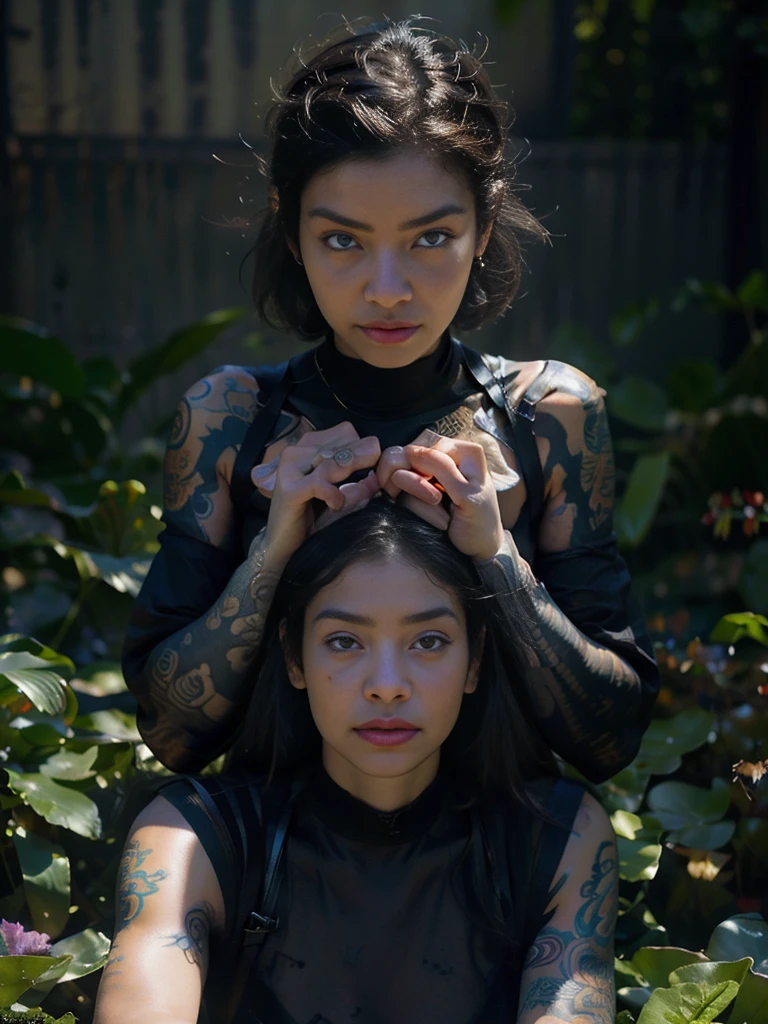 Alien Queen, The girl comes out of someone else's, Adriana Lim, Kim 5+, Beautiful correct face, Detail Face, A Clear Look, Symmetrical facial, half-human, Many limbs, Hair like scorpion stings, Detailed leather texture, metamorphoses, 6 arms, Alien hands, 4k, hiquality, many details, Intricate patterns on the body, tattoos on body, A swarm of monsters around, Other worlds, Another Planet.