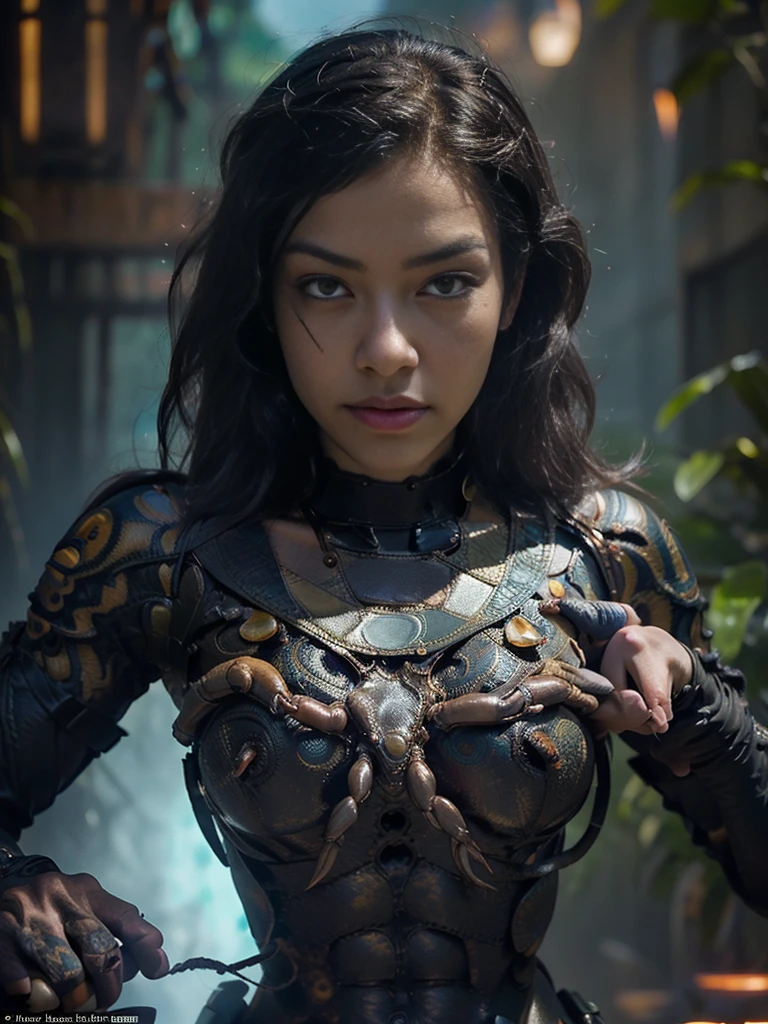 Alien Queen, The girl comes out of someone else's, Adriana Lim, Kim 5+, Beautiful correct face, Detail Face, A Clear Look, Symmetrical facial, half-human, Many limbs, Hair like scorpion stings, Detailed leather texture, metamorphoses, 6 arms, Alien hands, 4k, hiquality, many details, Intricate patterns on the body, tattoos on body, A swarm of monsters around, Other worlds, Another Planet.
