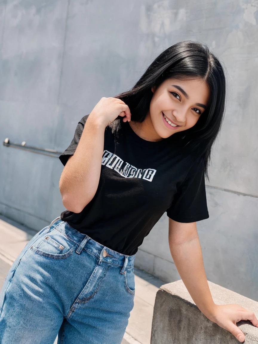 A beautiful 19 year old girl , and black eyes , pure smiling ,medium curved black hair. wears black t-shirt on top and jean pants she's very beautiful, concrete background keep her hans on