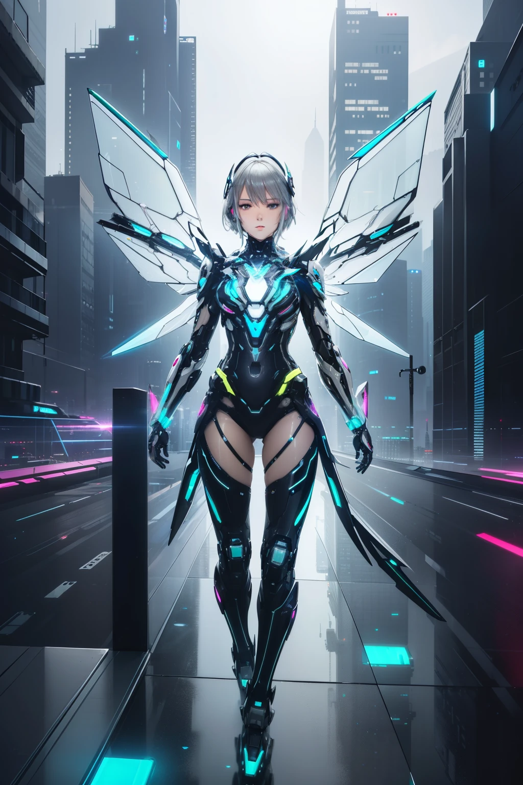 (Realistic:1.3), (Original:1.3), masutepiece, Best Quality, Beautuful Women, short-haired gray hair, ((Transparent futuristic glass mech armor)), neon halo, mechanical wings,large wings, skyscraper rooftop, Realism, elaborate details, deep in the night, Cyberpunk, neon accents