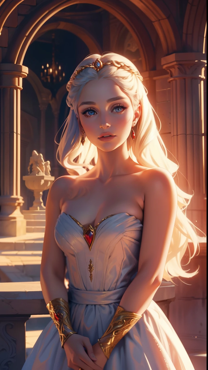 Princess Targaryen, gardens, looks like Daenerys/Natalie Portman, long white wavy hair, red dress of the 16th century with golden patterns, beautiful indigo eyes, delicate face, hd