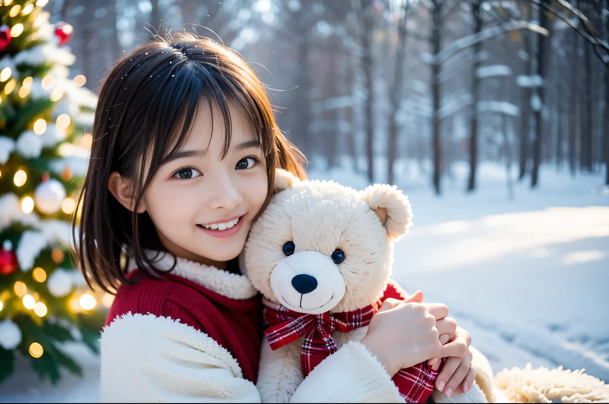 (Best Quality,4K,hight resolution,masutepiece:1.2),Realistic,Christmas,girl (12 years old),Hugging a big teddy bear、fullnude、a closeup,Snow falling in the background,Winter wonderland,Joyful expression,Magical atmosphere,Soft lighting,Vibrant colors,Happiness,laught,Welcoming environment,Warmth,Smiling eyes,Shortcut Hair,Shimmering decoration,Twinkling lights,wrapped present,magic snowflake,Christmas tree with ornaments,log cabin,Peace and quiet,Excitement and anticipation,Snowy landscape,childhood innocence,Enchanted moments,Playful laughter,Upholstered stockings