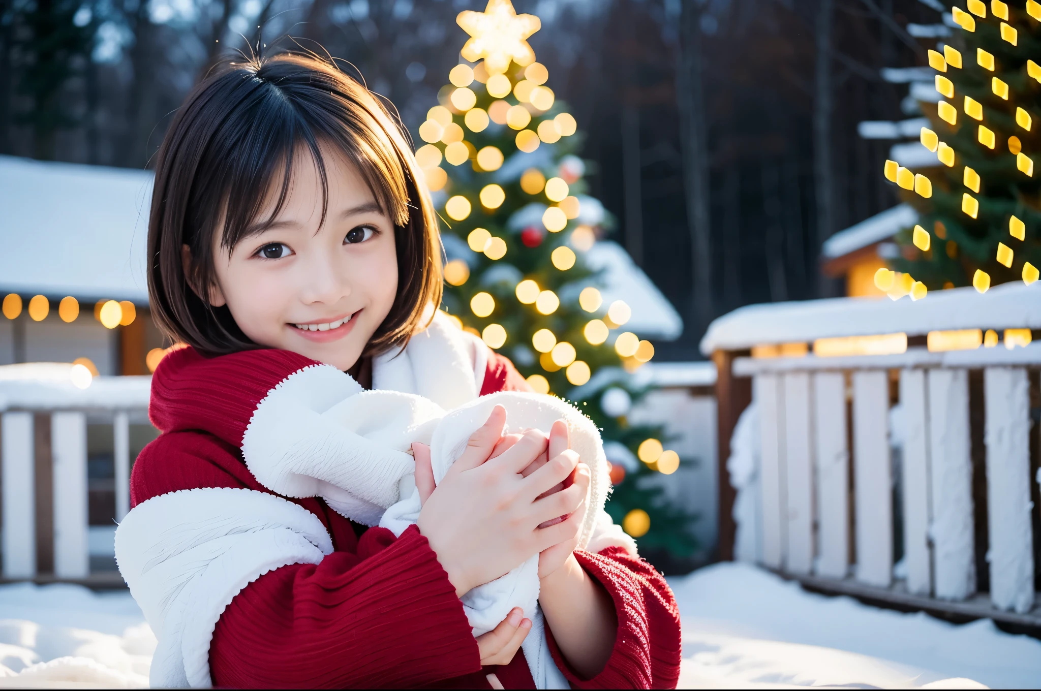 (Best Quality,4K,hight resolution,masutepiece:1.2),Realistic,Christmas,girl (12 years old),Hugging a big teddy bear、fullnude、a closeup,Snow falling in the background,Winter wonderland,Joyful expression,Magical atmosphere,Soft lighting,Vibrant colors,Happiness,laught,Welcoming environment,Warmth,Smiling eyes,Shortcut Hair,Shimmering decoration,Twinkling lights,wrapped present,magic snowflake,Christmas tree with ornaments,log cabin,Peace and quiet,Excitement and anticipation,Snowy landscape,childhood innocence,Enchanted moments,Playful laughter,Upholstered stockings
