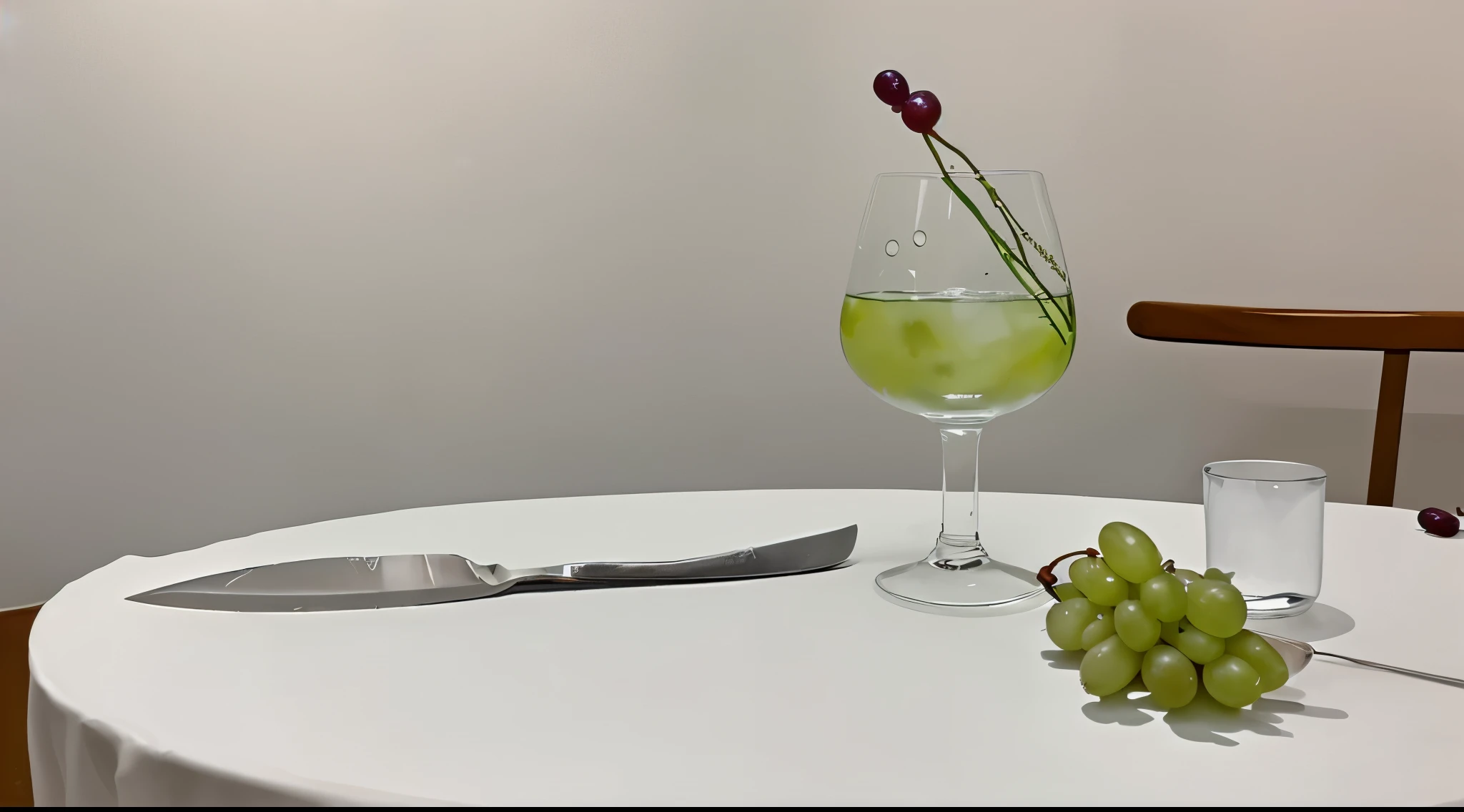 Someone is cutting grapes in a glass with a knife at the table, 受严俊成启发的超Realistis绘画, pix, Realistis, translucent grapes, spoon placed, semi - Realistis, semi-Realistis, in a short round glass vase, decor, using fork, high detal,  to use, Filled with water, mixed drink, 