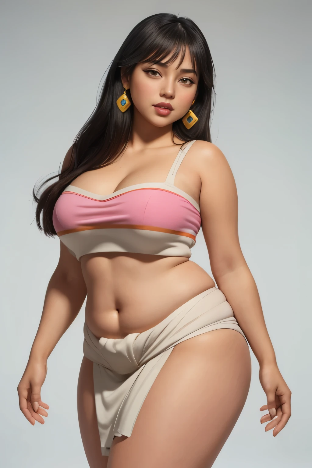 masterpiece, (photorealistic), (8k wallpaper) , (best quality), perfect quality, solo, (detailed eyes:0.9), girl, Chel, latin, face : ( very beautiful face, cute face, small smile, thin face, perfect face ), figure: (very full figure, sexy, sexy pose, very thicc, curvy, very chubby, chubby belly, navel, love handles, muffin top, fat thighs, wide hips, thunder thighs), clothes : ( tight loincloth )