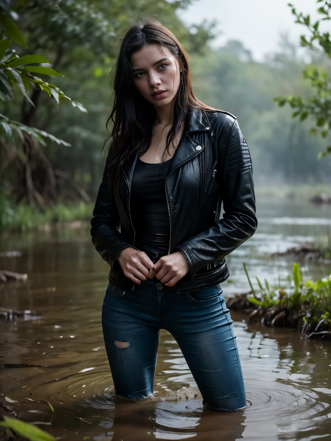 (best quality, ultra-detailed, realistic:1.37), fear, trembling, a girl in jeans and a leather jacket drowning in a marsh, standing submerged in the middle of a swamp, forest, desperate seduction, underground masturbation, illustration, eerie lighting, dark tones, muddy ground, tangled roots, dense foliage, raindrops splattering, dew-covered leaves, mist swirling, foggy atmosphere, intense facial expression, clenched fists, gasping for breath, suffocating struggle, ripped stockings, disheveled hair, distressed appearance, hauntingly beautiful, eerie silence, twisted desires, forbidden pleasure.