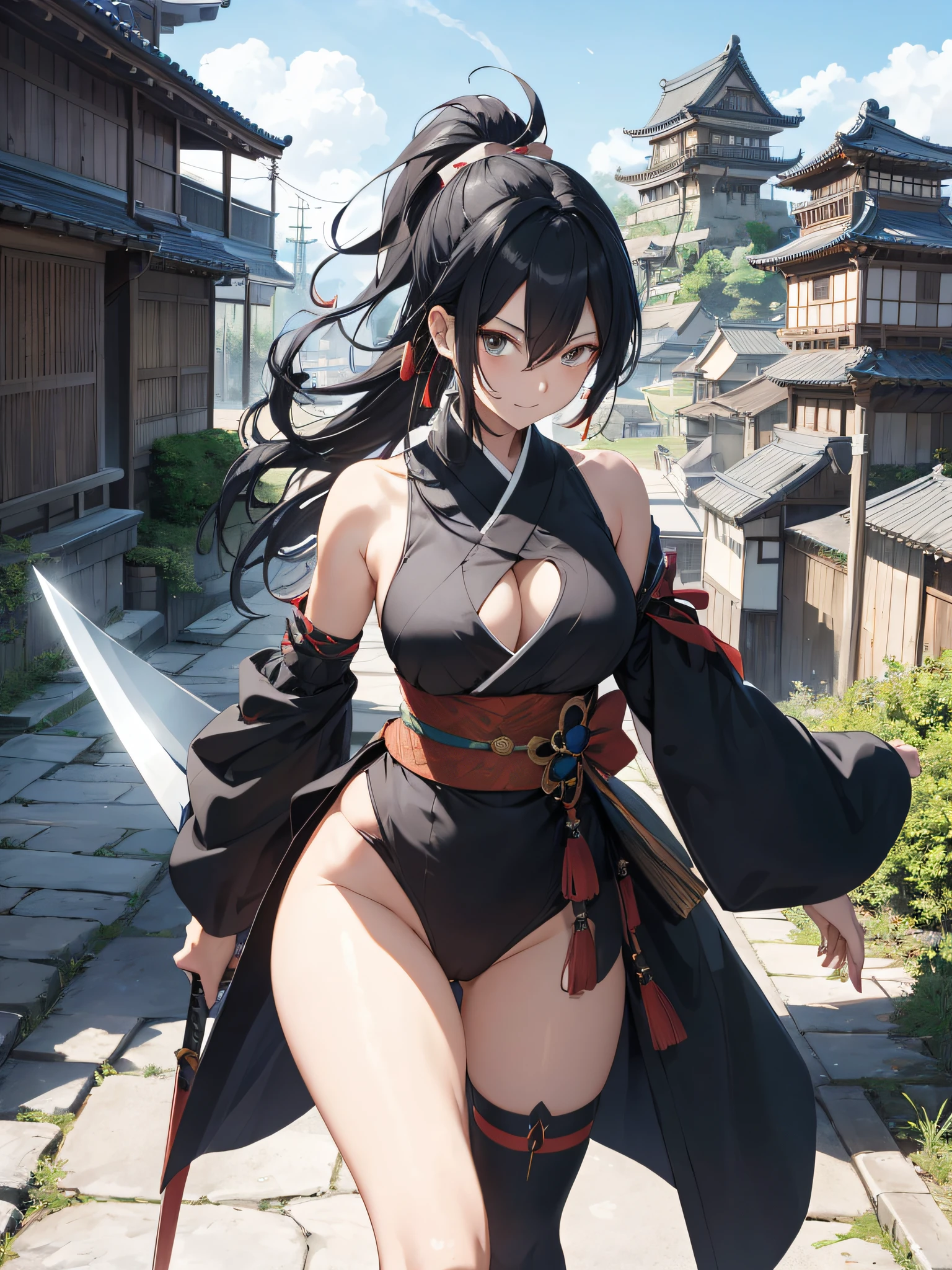 Curvaceous but slender、(top-quality、hight resolution、8K、masterpiece:1.2)。(1 Kunoichi:i am holding a small sword ready to join the battle.。She wears a flashy and colorful kimono.、A gentle breeze is blowing。 With smiling eyes、i'm quietly waiting for the moment when i unsheath my sword.。Wacky costumes、shoot a slash、Depiction in motion、extraordinary aura、poneyTail、well-muscled、double tooth、Original Character、)。A townscape from the end of the Edo period with Ehime Castle visible in the distance。Use this prompt to、do the following、moment of extraction、Edo、Cool stance before unsheathing、Please draw a detailed cityscape。shuriken、kunai、smokescreen、Makibishi、Wacky hair、disheveled hair、Ponite、