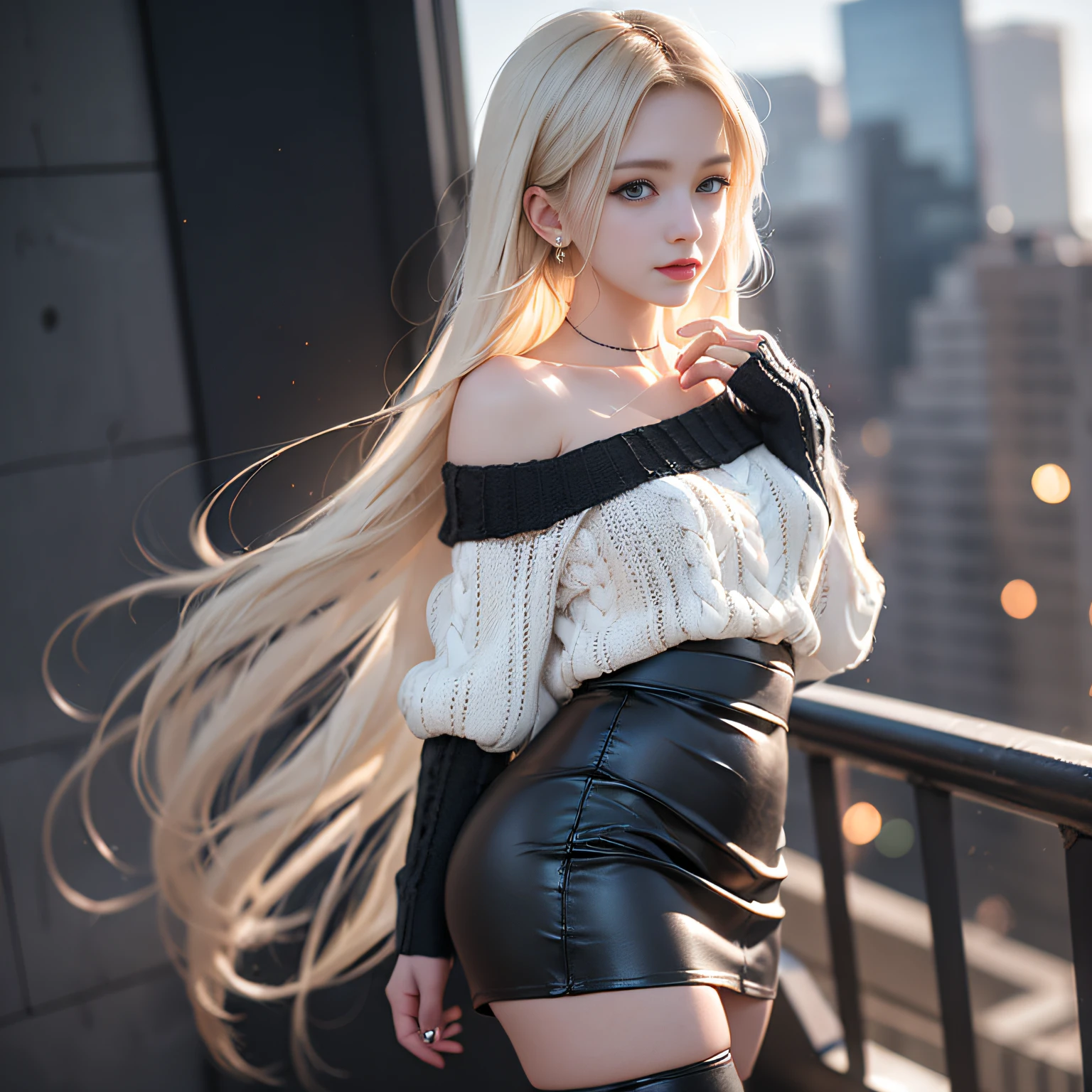 ((girl standing on the stairs in the office)),((posterior view))、((Looks Back))、、bright expression、Young shiny shiny white shiny skin、Best Look Rondo Reflective Light、Platinum blonde hair with dazzling highlights、shiny light hair,、Super long silky straight hair、Beautiful bangs that shine、Glowing crystal clear attractive big blue eyes、Very beautiful nice cute 16 year old girl、Lush bust,Beautiful detailed eyes, beautiful detailed nose,(( Full Body Angle:1.5)),Makeup that the eyes emphasize、Royal style,Comic style, , Sub-surface scattering, ornate detail, ((Cinematic)), Dramatic Lighting、((Off-the-shoulder white hand-knitted sweater:1.4))、((Black Leather Tight Mini Skirt)), ((Black Leather High Heel Boots))、(White lace panties are visible)、1 girl in、Ultra realistic 8K CG, 絵のようにflawlessな顔, flawless, clean, masutepiece, Professional artwork, famousartwork, Perfect face, Beautiful face, Beautiful eyelawlessな女性のボディ)), Solo,(Immersive atmosphere, Chiaroscuro:1.5,Bright light:1.2,Luminous lighting),(blush:0.5),fascinated expression,Extremely detailed_Eyes,thick thighs,Large,beautifullydetailedbackground,depth of fields,Realistic:1.3, , (ambient lights:1.3),(Cinematic composition:1.3),(Neon light:0.1),(nffsw:0.1),((Outside the window, Hazy skyscrapers))