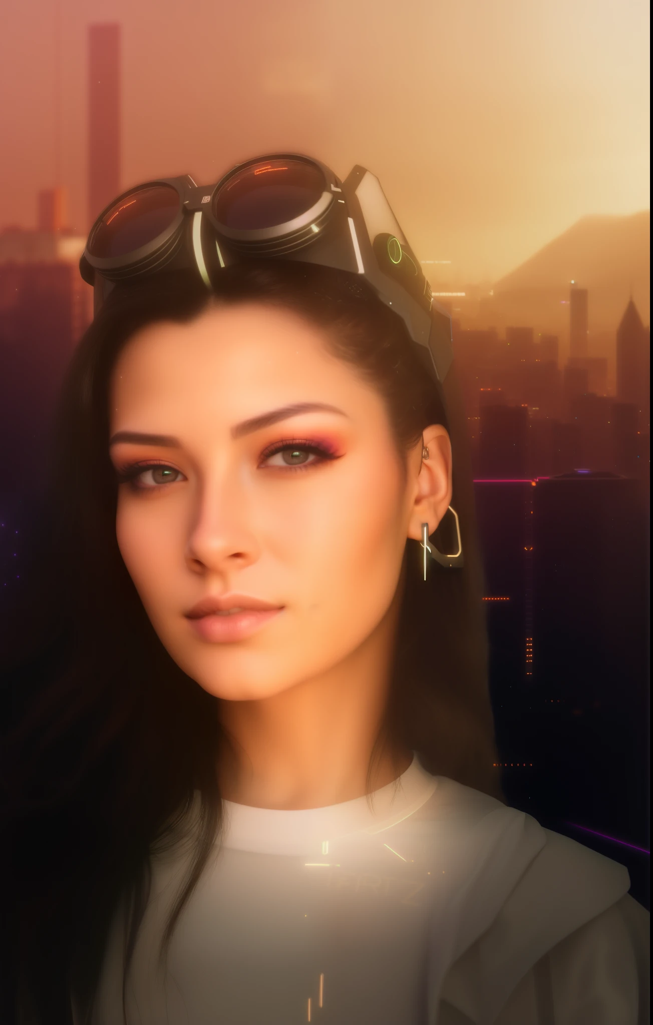 Arafed-Frau mit Sonnenbrille auf dem Kopf und einer Stadt im Hintergrund, The Cyberpunk Girl Portrait, Portrait of Tifa Lockhart, Cyberpunk Judy Alvarez, Cyberpunk Portrait, dreamy cyberpunk girl, matte painting portrait shot, Portrait of a science fiction woman, Tifa Lockhart Portrait, Fotorealistischer Kunststil, Glowwave Girl Portrait, Futuristic portrait of a woman, ein Cyberpunk-Cyborg