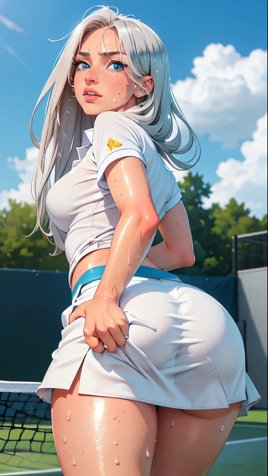 masterpiece, best quality, realistic, hyper-detailed, (shiny skin, sweaty:1.4), slender, looking at viewer, 1girl, solo, tennis wear, white polo shirt, white sneakers, white miniskirt, long hair, silver hair, blue eyes, (thick thighs:0.5), dynamic lighting, high resolution, sharp focus, depth of field, perky breats