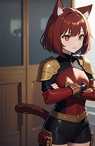 I need a photo of a cat girl with short brown hair with red tips and very light leather armor..