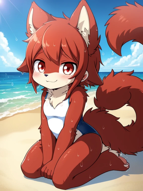 Alone, External, Red pupils,, (wet fur:1.4), detailed hair, young,one piece swimsuit,Firmware version, furry anime, Bragon, very cute face, face flushed, Playful, young, detailedbackground, Detailed fanart, pixiv, digitial painting, tmasterpiece, high high quality, A high resolution,knelt on the beach,random colors,random species