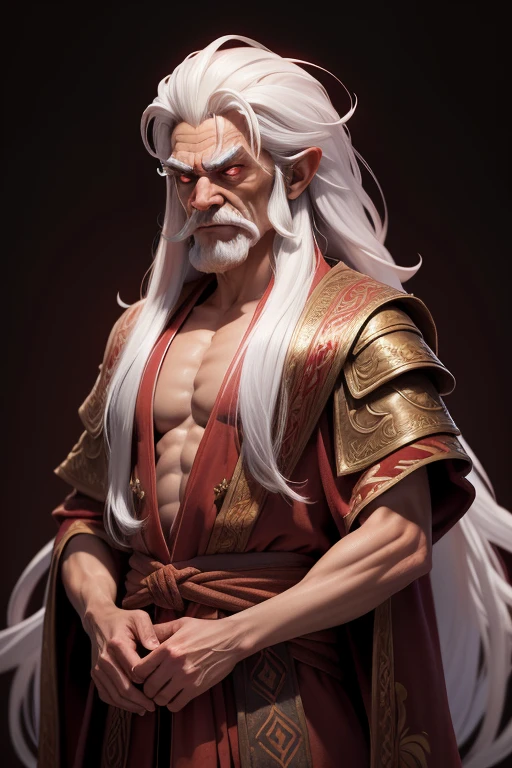 masterpiece, best quality, 1 wizzard, brown skin, white hair, long hair, very ugly, scary, very old, Indonesian, red magic robes, long flowing red robes, simple background, solo, upper body