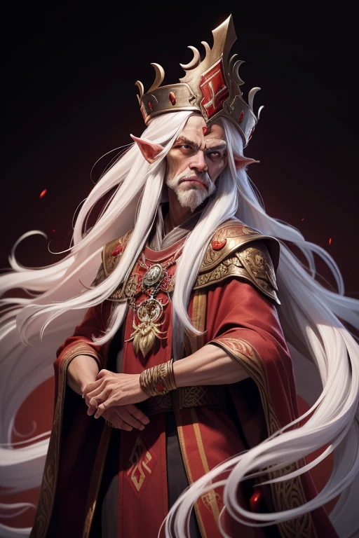 masterpiece, best quality, 1 wizzard, brown skin, white hair, long hair, very ugly, scary, very old, Indonesian, red magic robes, long flowing red robes, simple background, solo, upper body