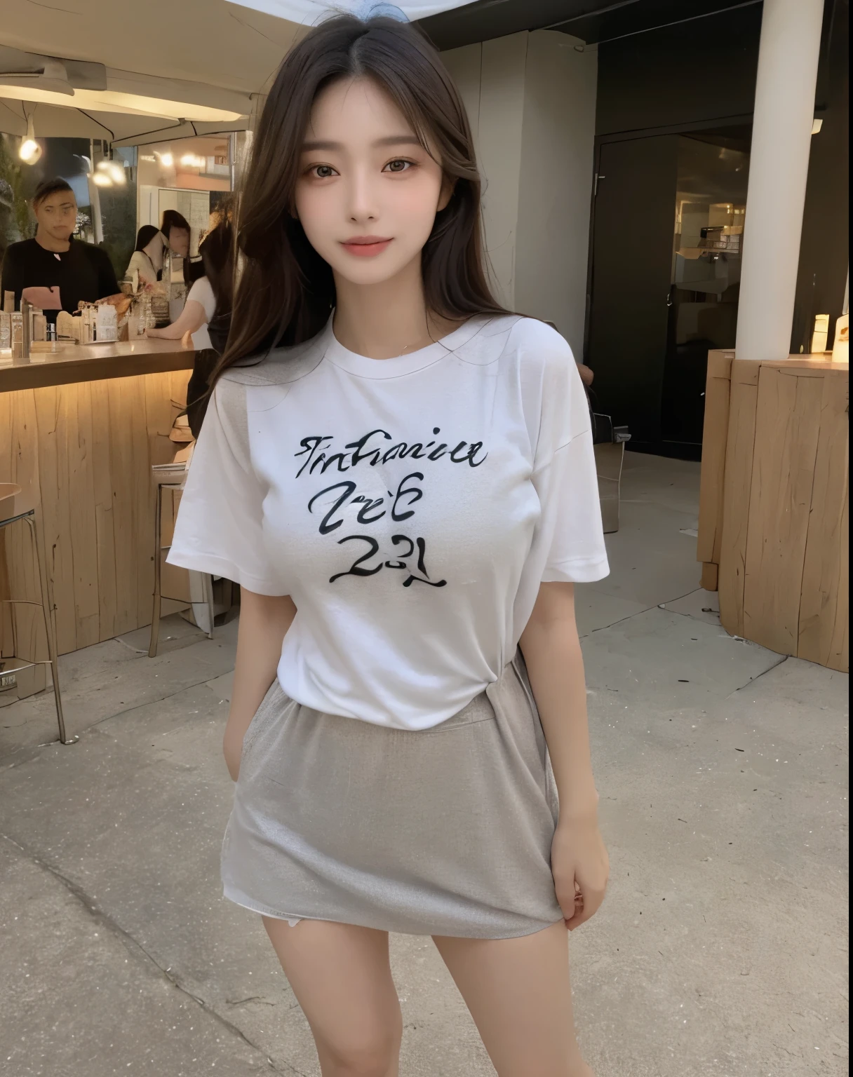 (((Best Quality, 8K, Masterpiece: 1.3,)), high-definition facial features, delicate facial feature, 1girl, Slim Abs Beauty: 1.3, ((long hair, natural hair)), (((wearing a sexy causal tshirt))) fine Face, (((Delicate Eyes))), Double Eyelids, Smile, looking at the viewer, (full body 1.5), (((night bar))), ((((natural background)))), (standing) medium breast, bare legs