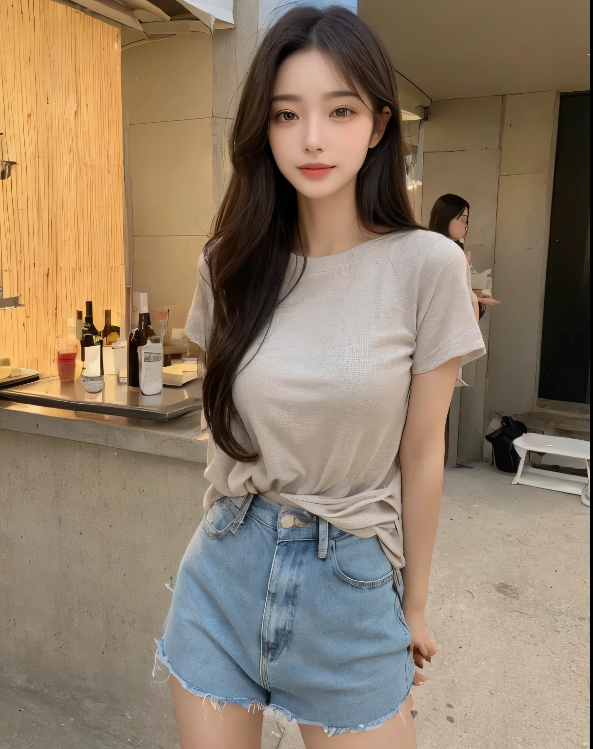 (((Best Quality, 8K, Masterpiece: 1.3,)), high-definition facial features, delicate facial feature, 1girl, Slim Abs Beauty: 1.3, ((long hair, natural hair)), (((wearing a sexy causal tshirt))) fine Face, (((Delicate Eyes))), Double Eyelids, Smile, looking at the viewer, (full body 1.5), (((night bar))), ((((natural background)))), (standing) medium breast, bare legs