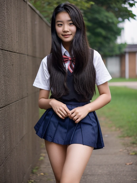 Beautiful 15 years old asian girl with long hair short skirt and wearing school uniform, open the skirt