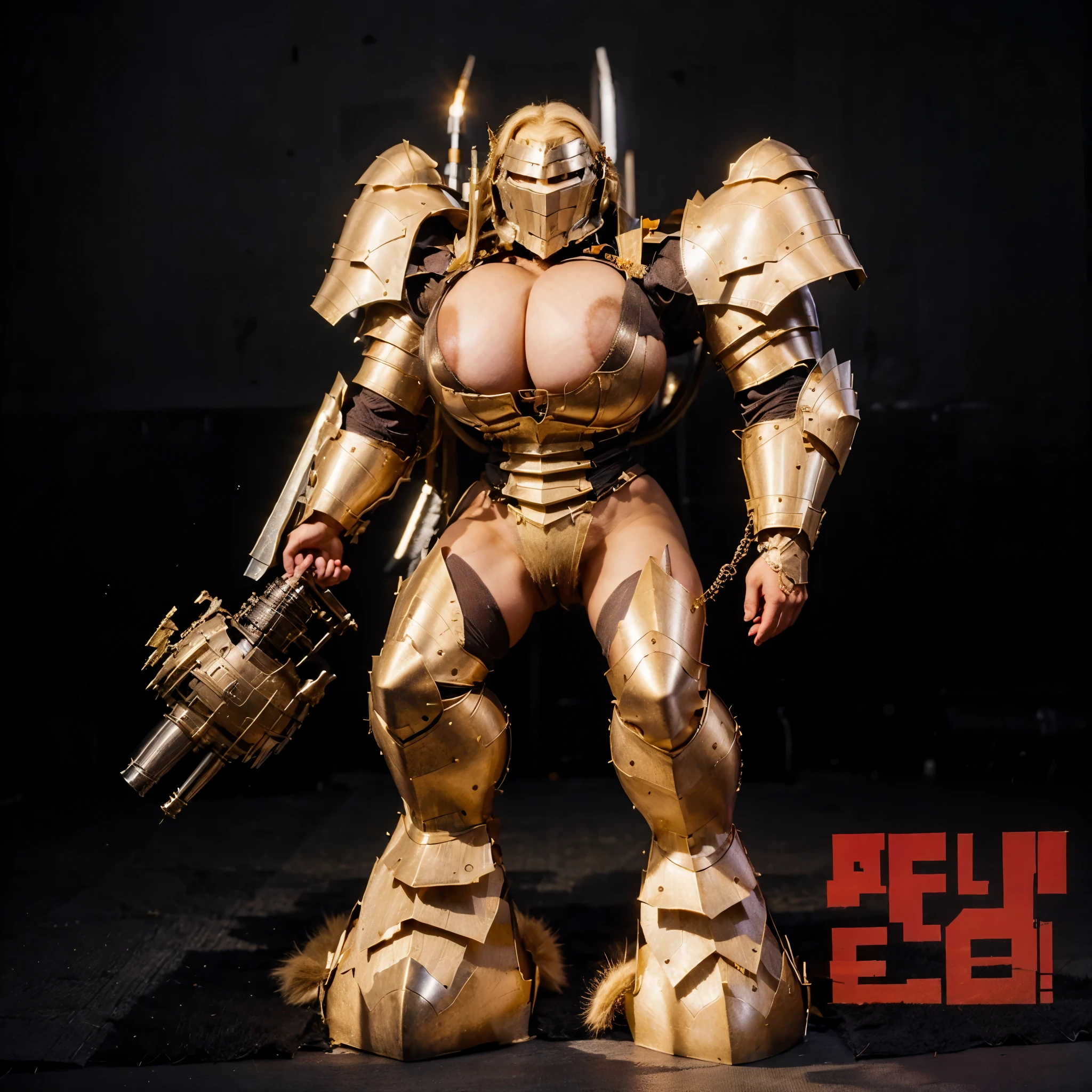 (Huge boobs:1.2), hairy , , blonde, full body, armoured