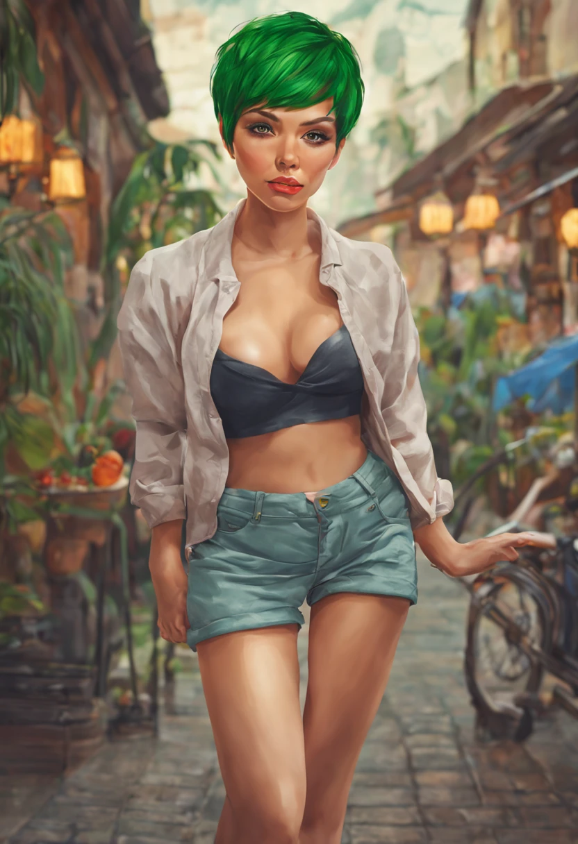 A GREEN SHORT HAIRED BEAUTIFULL WOMAN WITH THICK THIGHS HYPER RELIASTIC