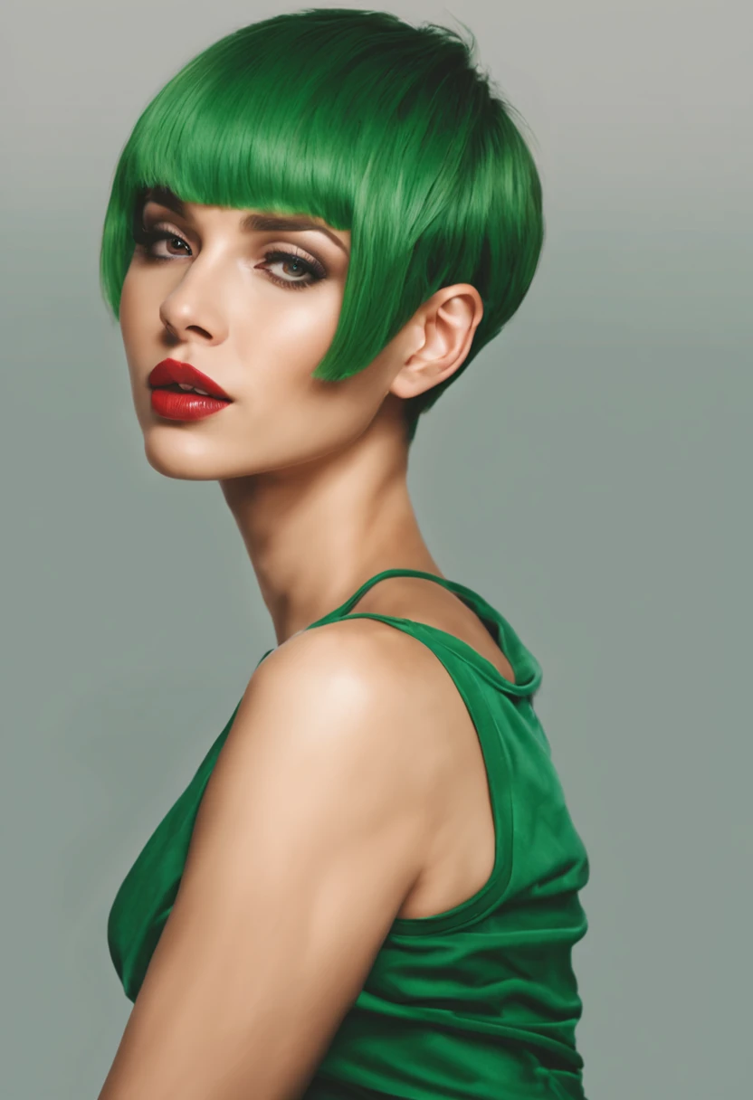 A GREEN SHORT HAIRED BEAUTIFULL WOMAN WITH THICK THIGHS HYPER RELIASTIC