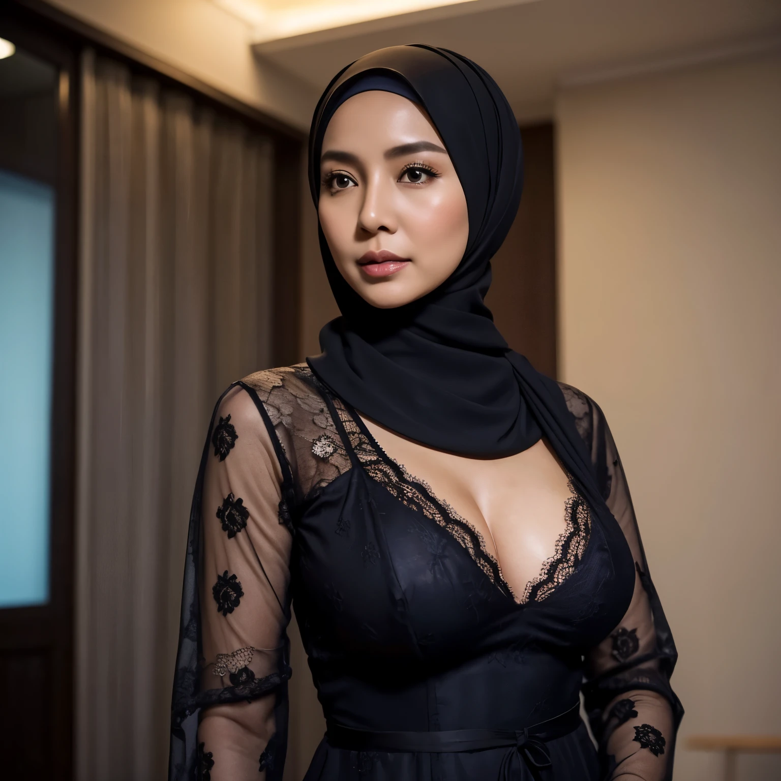 52 years Old, Hijab Indonesian mature woman, Large Tits : 96.9, Lace Baju Kurung, Slim body, Breast about To burst out, at doctor office, Dark light, at Nighttime