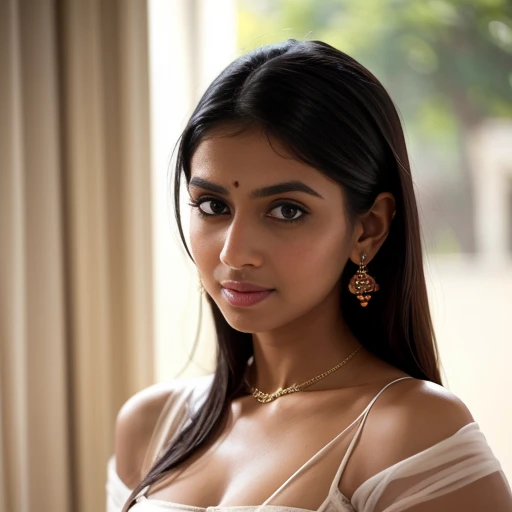a cute woman in a white silk sari posing for a picture, featured on instagram, seductive, angular, , hot, sexy,