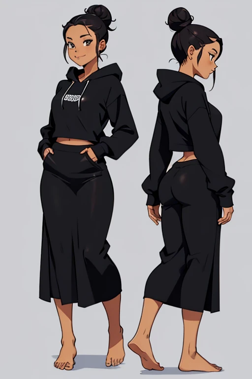 a beautiful happy barefoot woman, with a black long skirt anda hoodie, standing, hair in a bun.
