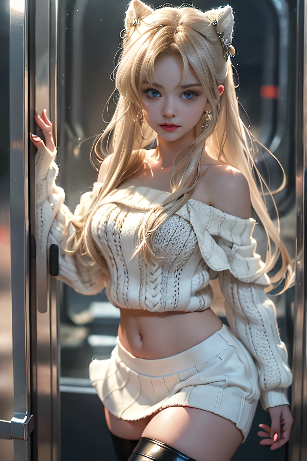 ((Girl standing near train door)),bright expression、Young shiny shiny white shiny skin、Best Look Rondo Reflective Light、Platinum blonde hair with dazzling highlights、shiny light hair,、Super long silky straight hair、Beautiful bangs that shine、Glowing crystal clear attractive big blue eyes、Very beautiful nice cute 16 year old girl、Lush bust,Beautiful detailed eyes, beautiful detailed nose,(( Full body:1.5)),Makeup that the eyes emphasize、Royal style，Comic style, , Sub-surface scattering, ornate detail, nature backdrop, Supergianthugebreasts, ((Cinematic)), Dramatic Lighting, masutepiece、((Off-shoulder white hand-knitted short sweater:1.4))、((Black Leather Tight Mini Skirt)), ((Black Leather Knee High Boots)）、(White lace panties are visible)1 girl in、Ultra realistic 8K CG, 絵のようにflawlessな顔, flawless, clean, masutepiece, Professional artwork, famousartwork, Perfect face, Beautiful face, Beautiful eyelawlessな女性のボディ)), Solo,(Immersive atmosphere, Chiaroscuro:1.5,Bright light:1.2,Luminous lighting),(blush:0.5),fascinated expression,Extremely detailed_Eyes,thick thighs,Large,beautifullydetailedbackground,depth of fields,Realistic:1.3, longshot, Full body, (ambient lights:1.3),(Cinematic composition:1.3),(Neon light:0.1),(nffsw:0.1),((Outside the window, Hazy skyscrapers))
