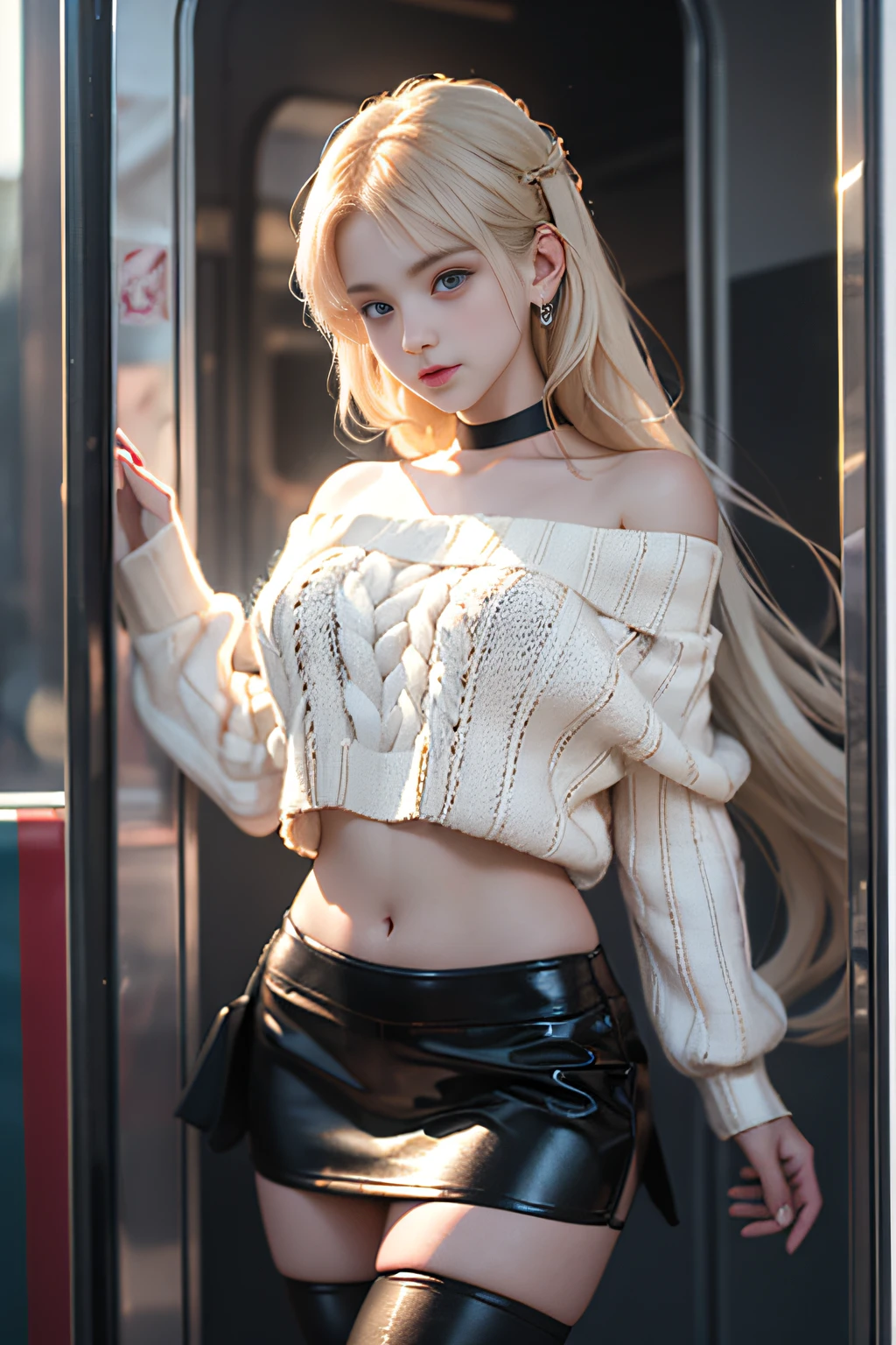 ((Girl standing near train door)),bright expression、Young shiny shiny white shiny skin、Best Look Rondo Reflective Light、Platinum blonde hair with dazzling highlights、shiny light hair,、Super long silky straight hair、Beautiful bangs that shine、Glowing crystal clear attractive big blue eyes、Very beautiful nice cute  girl、Lush bust,Beautiful detailed eyes, beautiful detailed nose,(( Full body:1.5)),Makeup that the eyes emphasize、Royal style，Comic style, , Sub-surface scattering, ornate detail, nature backdrop, Supergianthugebreasts, ((Cinematic)), Dramatic Lighting, masutepiece、((Off-shoulder white hand-knitted short sweater:1.4))、((Black Leather Tight Mini Skirt)), ((Black Leather Knee High Boots)）、(The navel is visible)、(White lace panties are visible)1 girl in、Ultra realistic 8K CG, 絵のようにflawlessな顔, flawless, clean, masutepiece, Professional artwork, famousartwork, Perfect face, Beautiful face, Beautiful eyelawlessな女性のボディ)), Solo,(Immersive atmosphere, Chiaroscuro:1.5,Bright light:1.2,Luminous lighting),(blush:0.5),fascinated expression,Extremely detailed_Eyes,thick thighs,Large,beautifullydetailedbackground,depth of fields,Realistic:1.3, longshot, Full body, (ambient lights:1.3),(Cinematic composition:1.3),(Neon light:0.1),(nffsw:0.1),((Outside the window, Hazy skyscrapers))