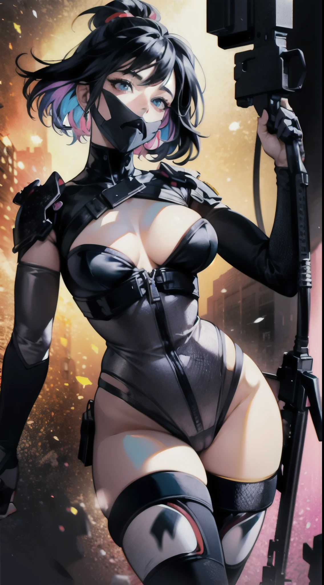 Art hentai poster,Takashi murakami,pop culture art,manga,a female Nsfw ninja cyborg,erotic posing,doujin,hentai,kawaii,stylish,pussy,busty, pubic hair,glamour,pop color tone,psychedelic costume,dynamic angle,cinematic scene,armored,A Cyberpunk dystopian girl,fantasic dystopia,dystopian scape,bladerunner,ghost in the shell,photorealistic,psychedelic colourful tone,posing,armed,guns,weapons,masterpiece,ultimate detailed,8k,detailed background