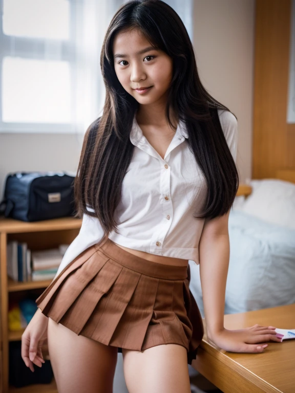 Beautiful 13 years old asian girl with long hair short skirt and wearing school uniform, flat chest, open the skirt