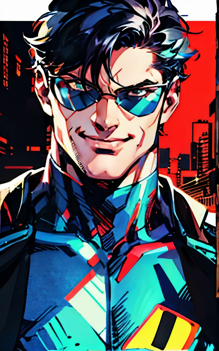 sunglass, super hero, 1 boy, smile, black hair, upper body