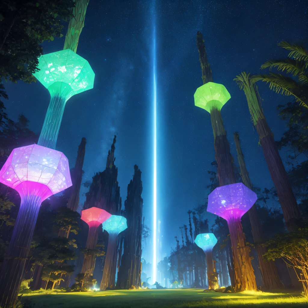 Alien Hexagonal Base (very detailed nipples) In a hexagonal mountain oasis，There are several hexagonal exhaust fans and chimneys, some neon lights projecting from the base，Light up the dark night), There are some clouds in the night sky, Some surrounding planets provide air to unknown planets，The most remote giant hexagonal volcano erupts，the rainforest