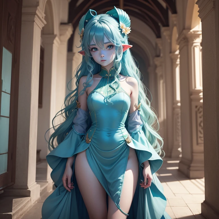 (Blue skin) Single female with legs. Fin ears. Green wavy hair. Standing up with slim dress on Shell hair ornaments