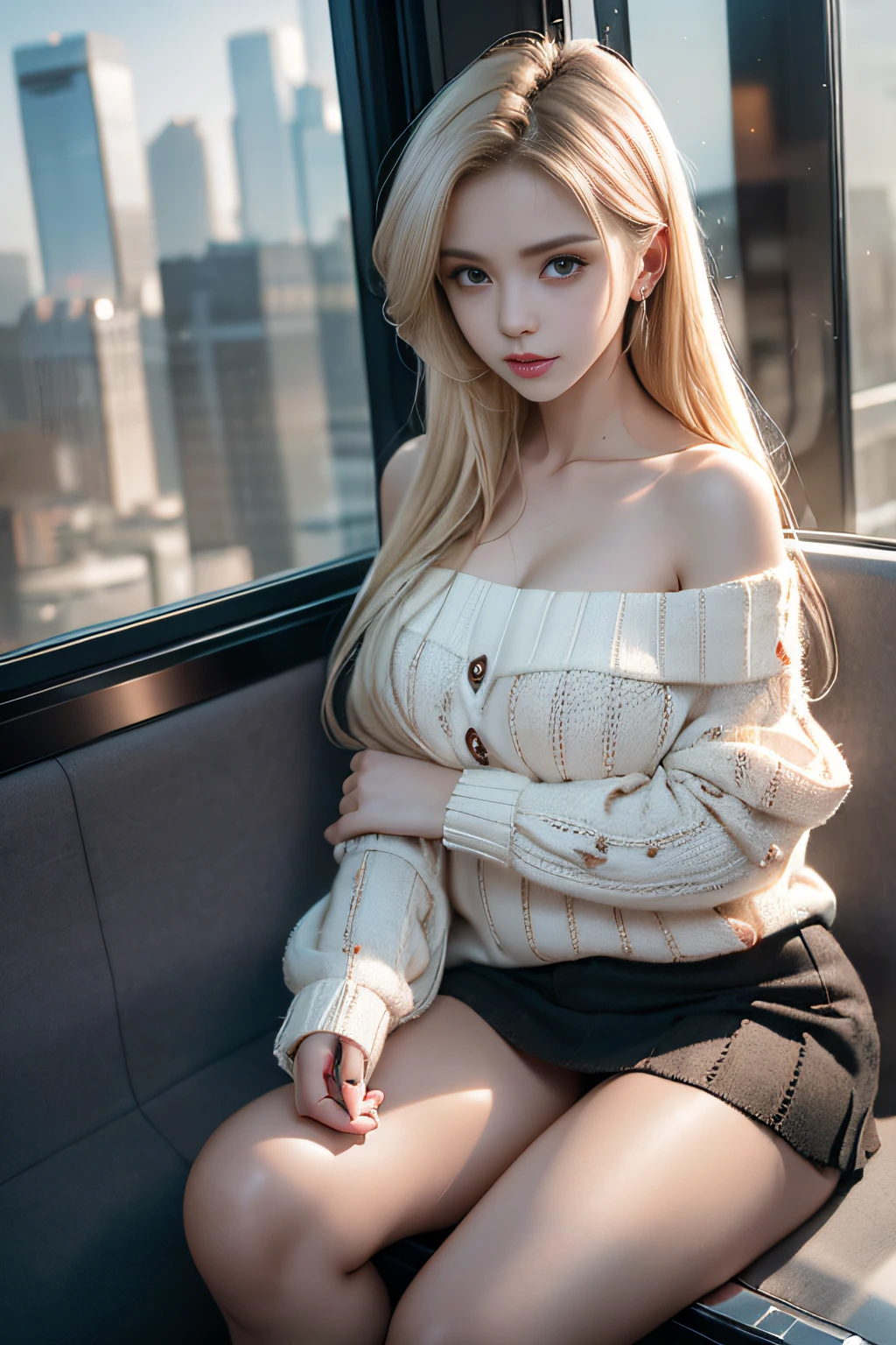 ((Girl sitting on train seat)),bright expression、Young shiny shiny white shiny skin、Best Look Rondo Reflective Light、Platinum blonde hair with dazzling highlights、shiny light hair,、Super long silky straight hair、Beautiful bangs that shine、Glowing crystal clear attractive big blue eyes、Very beautiful nice cute 16 year old girl、Lush bust,Beautiful detailed eyes, beautiful detailed nose,(( Full body:1.5)),Makeup that the eyes emphasize、Royal style，Comic style, , Sub-surface scattering, ornate detail, nature backdrop, Supergianthugebreasts, ((Cinematic)), Dramatic Lighting, masutepiece、((Off-shoulder white hand-knitted short sweater:1.4))、((Black Leather Tight Mini Skirt)), ((kneehigh boots)）、(The navel is visible)1 girl in、Ultra realistic 8K CG, 絵のようにflawlessな顔, flawless, clean, masutepiece, Professional artwork, famousartwork, Perfect face, Beautiful face, Beautiful eyelawlessな女性のボディ)), Solo,(Immersive atmosphere, Chiaroscuro:1.5,Bright light:1.2,Luminous lighting),(blush:0.5),fascinated expression,Extremely detailed_Eyes,thick thighs,Large,beautifullydetailedbackground,depth of fields,Realistic:1.3, longshot,Sitting, Full body, (ambient lights:1.3),(Cinematic composition:1.3),(Neon light:0.1),(nffsw:0.1),Accent Lighting, pantyhose,((Outside the window, Hazy skyscrapers))