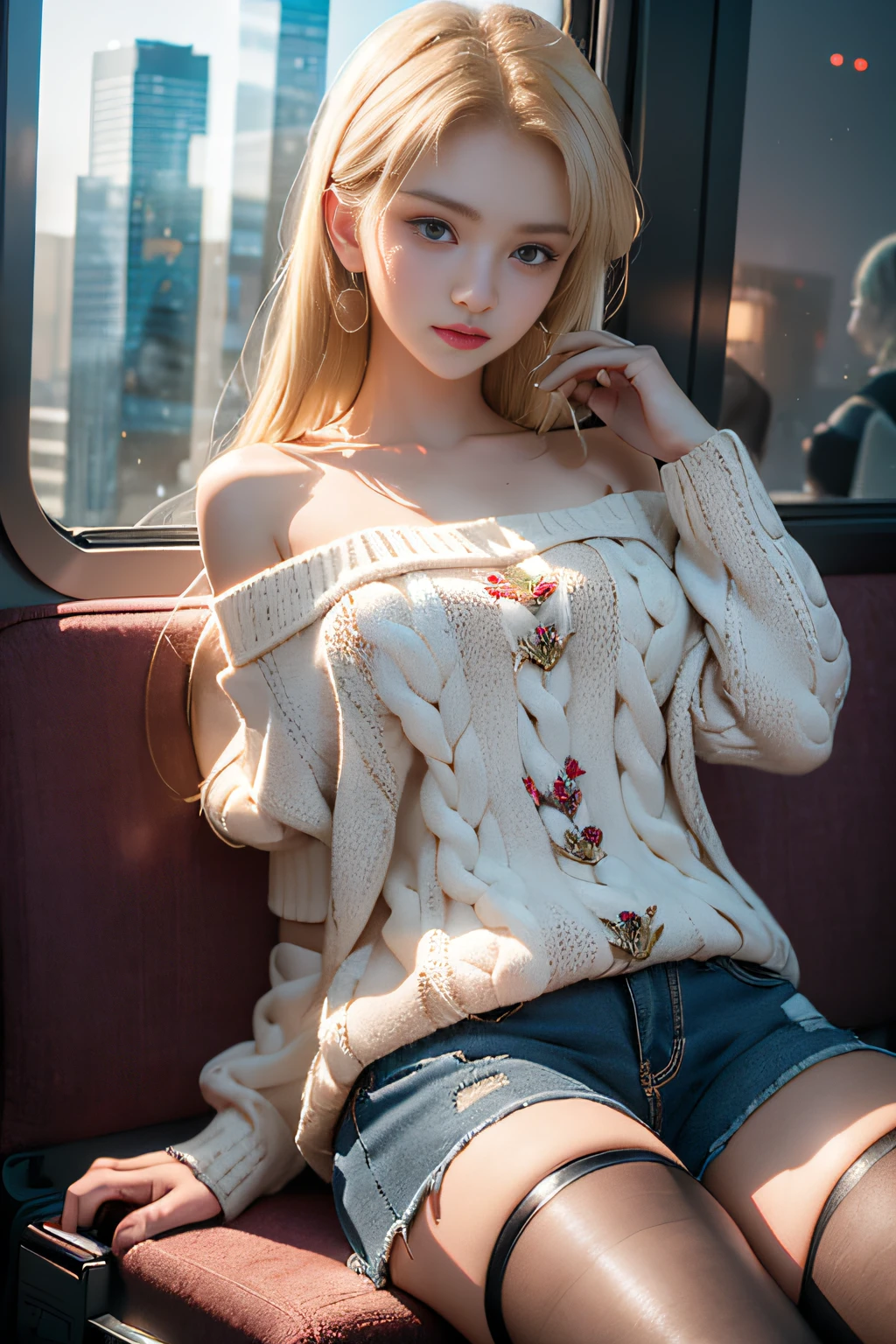 ((Girl sitting on train seat)),bright expression、Young shiny shiny white shiny skin、Best Look Rondo Reflective Light、Platinum blonde hair with dazzling highlights、shiny light hair,、Super long silky straight hair、Beautiful bangs that shine、Glowing crystal clear attractive big blue eyes、Very beautiful nice cute  girl、Lush bust,Beautiful detailed eyes, beautiful detailed nose,(( Full body:1.5)),Makeup that the eyes emphasize、Royal style，Comic style, , Sub-surface scattering, ornate detail, nature backdrop, Supergianthugebreasts, ((Cinematic)), Dramatic Lighting, masutepiece、((Off-shoulder white hand-knitted short sweater:1.4))、((Black Leather Hot Pants)), ((kneehigh boots)）、(The navel is visible)1 girl in、Ultra realistic 8K CG, 絵のようにflawlessな顔, flawless, clean, masutepiece, Professional artwork, famousartwork, Perfect face, Beautiful face, Beautiful eyelawlessな女性のボディ)), Solo,(Immersive atmosphere, Chiaroscuro:1.5,Bright light:1.2,Luminous lighting),(blush:0.5),fascinated expression,Extremely detailed_Eyes,thick thighs,Large,beautifullydetailedbackground,depth of fields,Realistic:1.3, longshot,Sitting, Full body, (ambient lights:1.3),(Cinematic composition:1.3),(Neon light:0.1),(nffsw:0.1),Accent Lighting, pantyhose,((Outside the window, Hazy skyscrapers))