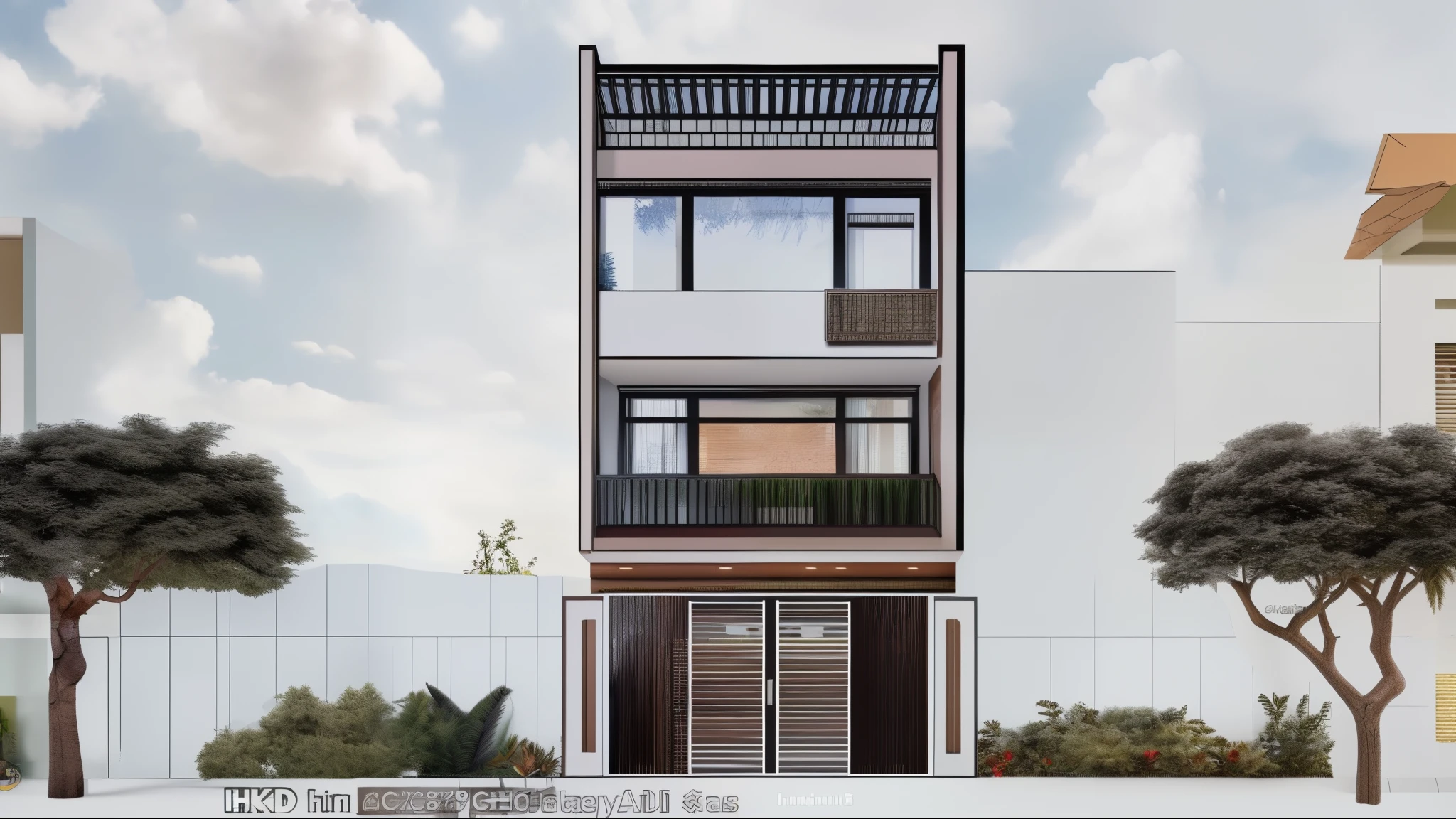RAW photo, Masterpiece, high quality, best quality, authentic, super detail, townhouse, modern house with (tile wall:1.2), glass windows, (wooden ceiling:1.1), railing glass, gate, fence, (curve:1.1), tropical trees, day, beautiful sky, (high detailed:1.2), 8k UHD, DSLR, soft lighting, high quality, film grain, Fujifilm XT3
INFO