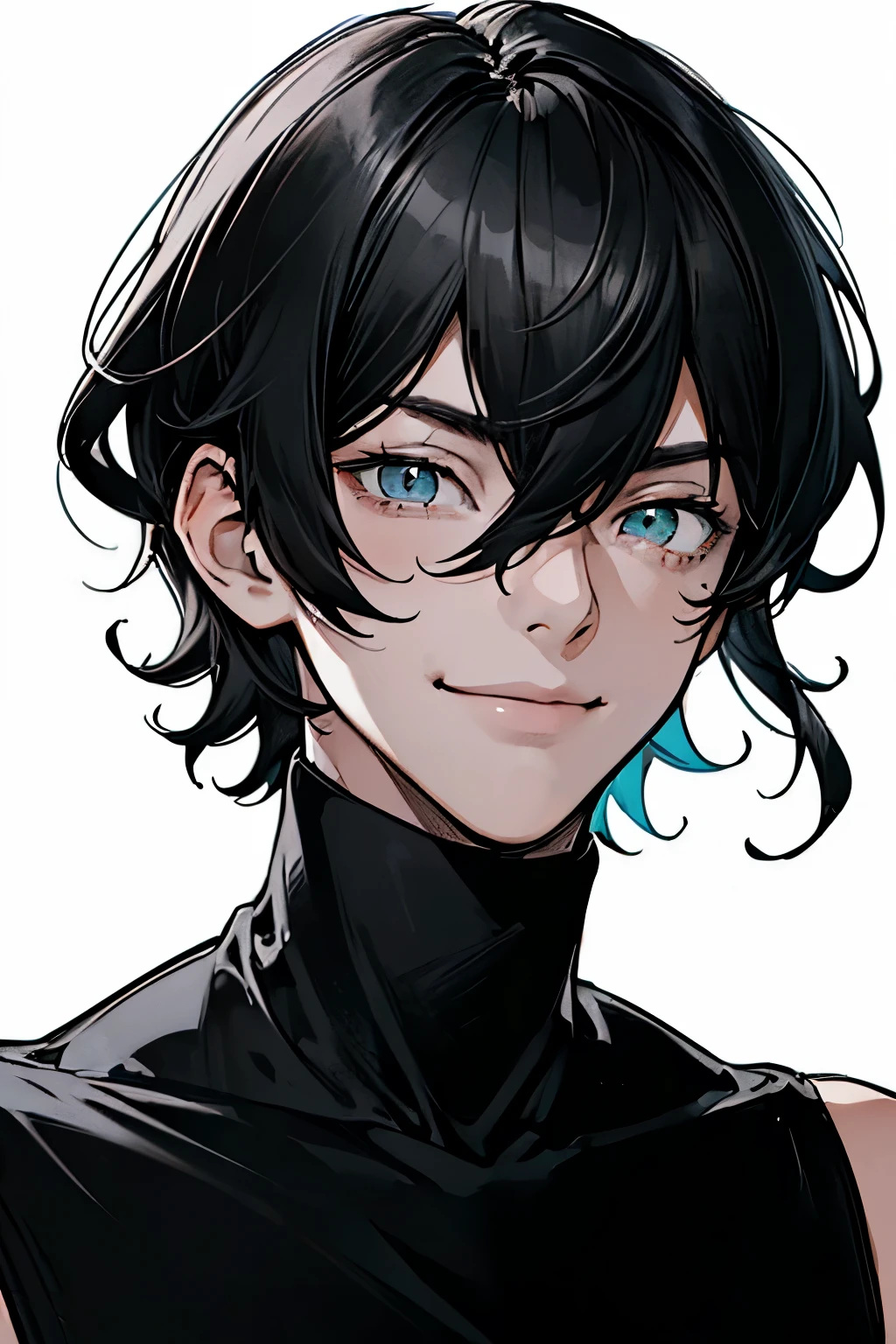 best quality, high resolution, clean background, high contrast, (((1boy:1.1))), line-drawing, sketch, ((tight medium shot))), white background, clean line drawings, (fringe hairstyle), (naughty face), smile face, (((allblack-turtleneck))), (((dark-haired)))), (Mashed Hair), ((dark-eyescolor:1.5)), white skin,