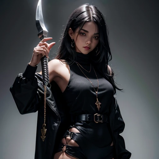 I want to put together a girls character wearing a black outfit, with a dark tone, and who is holding a sickle in his right hand with the initials EM on it.