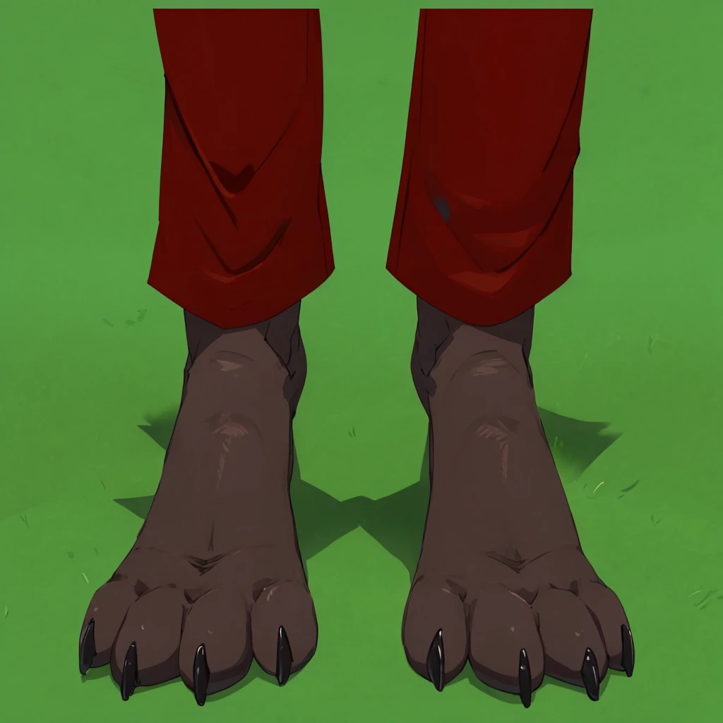 Paws, paws under pants (dark red pants (pants have shading and light)) (detailed shadow under pants), 4 finger (detailed white claws under paws, detailed, hd quality, high graphic, 2d, front view perspective.