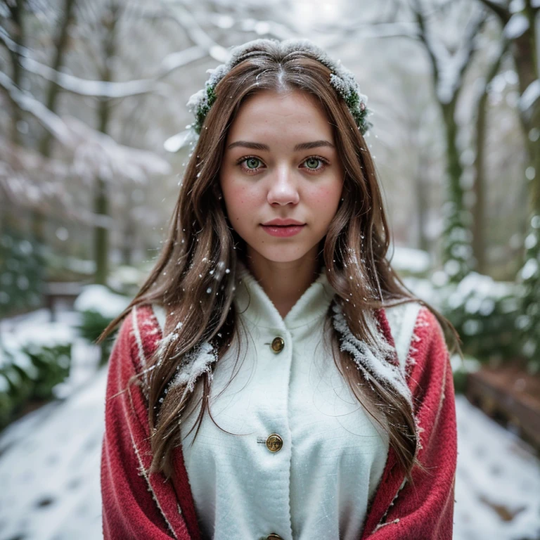 In the winter wonderland, the beautiful woman's flowing brunette hair cascades down her shoulders, framing her face like a soft halo. Her captivating green eyes reflect the serene surroundings as she stands amidst snow-covered trees. Dressed in a stylish bohemian outfit, a burgundy coat complements the seasonal palette. Delicate snowflakes fall gently around her, adding a touch of magic to the scene. The medium shot, captured using a Fujifilm XT3 and Nikon D850 with film stock aesthetics, emphasizes the girl's natural beauty. The f1.6 lens captures the intricate details of her features, and the ruddy skin adds warmth to the winter atmosphere.